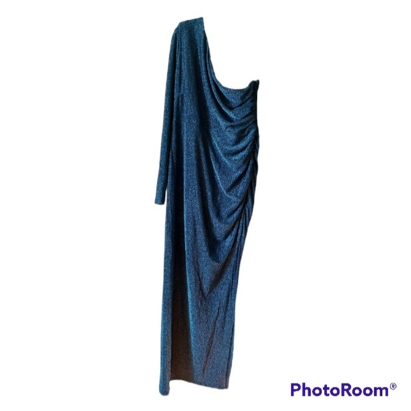 Blue dress, long with shimmer and one shoulder, side zipper with slit on side. - Picture 1 of 6